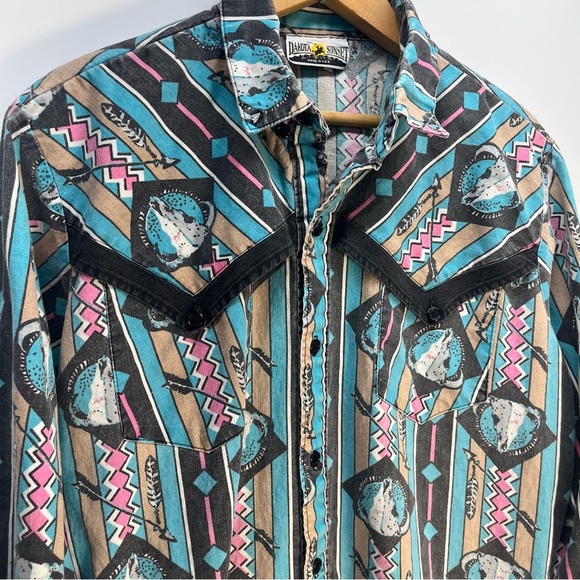 Vtg Dakota Sunset Southwest Bison Skull Rodeo Button Up Long Sleeve Shirt Sz M - Picture 2 of 9